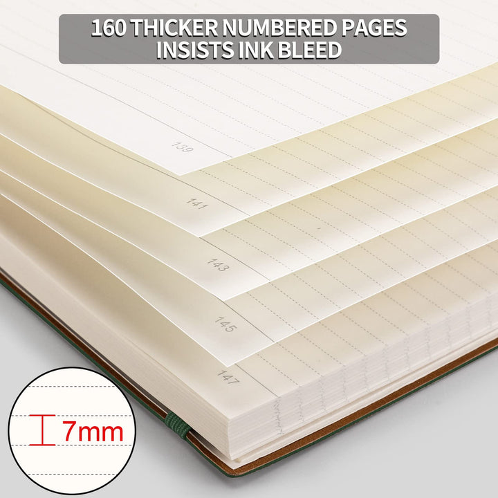 Notebook College Ruled - 320 Numbered Pages Large B5 Thick Journal Lined Notebook for Work, 100gsm Thick Paper, Leather Softcover, for Women Men Work School, 7.6'' X 10''-Green