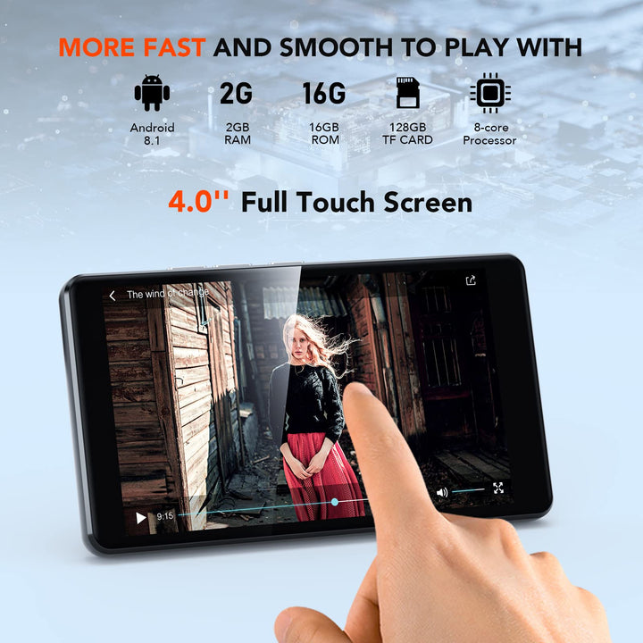 T06S WiFi MP3 Player with Bluetooth and 5MP Camera, 4 inch Touch Screen 16GB MP4 Player Lossless Music Player, Support APPs, Spotify, Browser