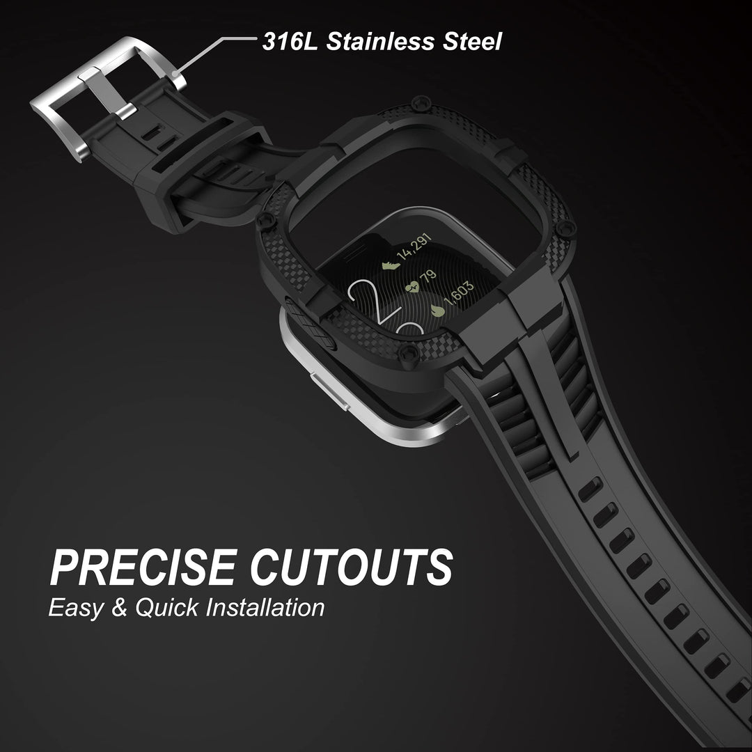 Compatible for Fitbit Versa 2 Bands All Round Protective Case Rugged Sport Band Wristbands for Men Women Black