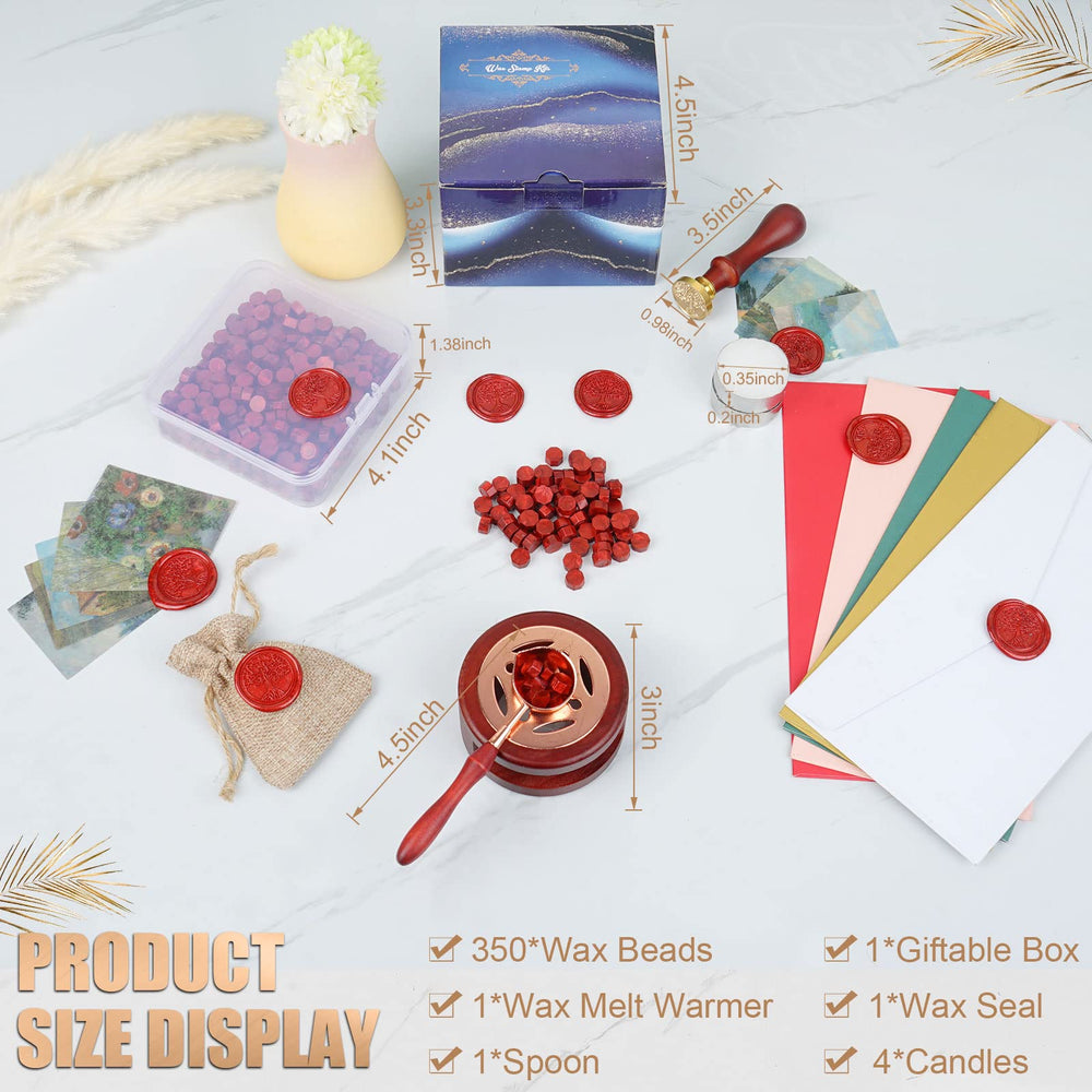 Wax Seal Stamp Kit, 357Pcs Wax Sealing Sets with Wax Beads, Seal Stamp, Wax Seals Warmer, Spoon, Candles, Wax Seal Kit for Christmas Vintage Envelopes Letters Mailing Crafts Gift(Wine Red)