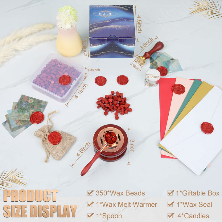 Wax Seal Stamp Kit, 357Pcs Wax Sealing Sets with Wax Beads, Seal Stamp, Wax Seals Warmer, Spoon, Candles, Wax Seal Kit for Christmas Vintage Envelopes Letters Mailing Crafts Gift(Wine Red)