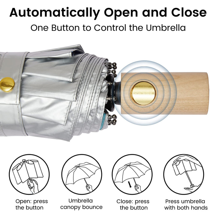 46 Inch UPF 50+ UV Protection Large Travel Umbrella with Wooden Handle, 15 Fibreglass Ribs Super Windproof Sun Blocking Folding Umbrella Auto Open Close (Lake Blue)