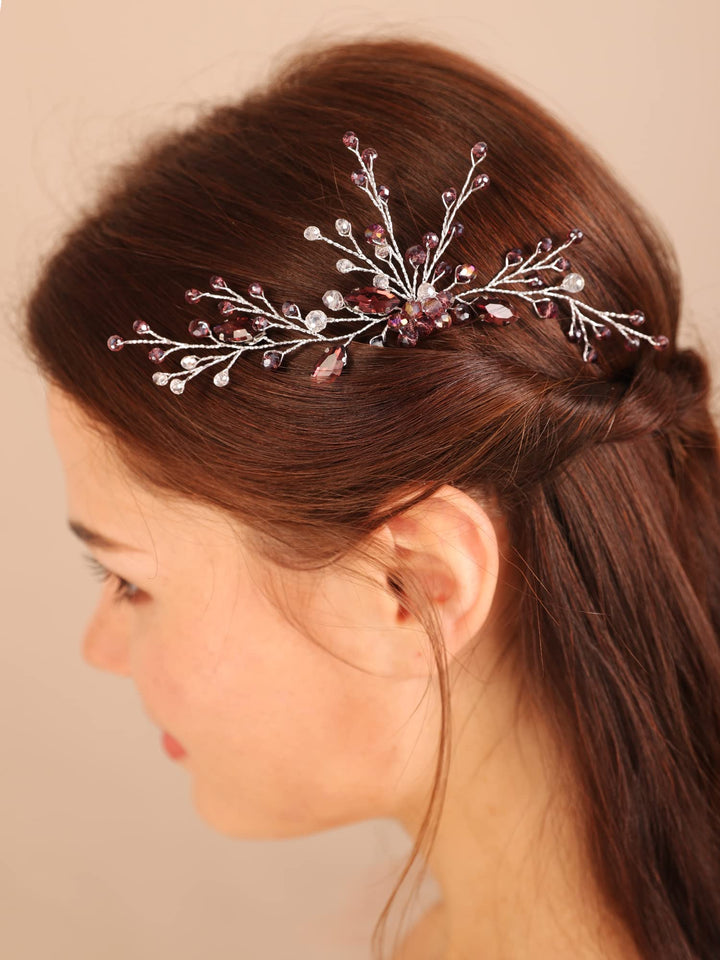 Purple Silver Hair Piece for Wedding Brides Women Bohemia Handmade Crystal Hair Accessory (Purple)