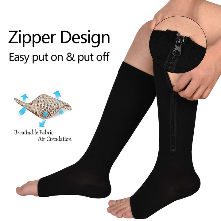 2 Pair Zipper Compression Socks for Women Men Open Toe Compression Socks Easy on