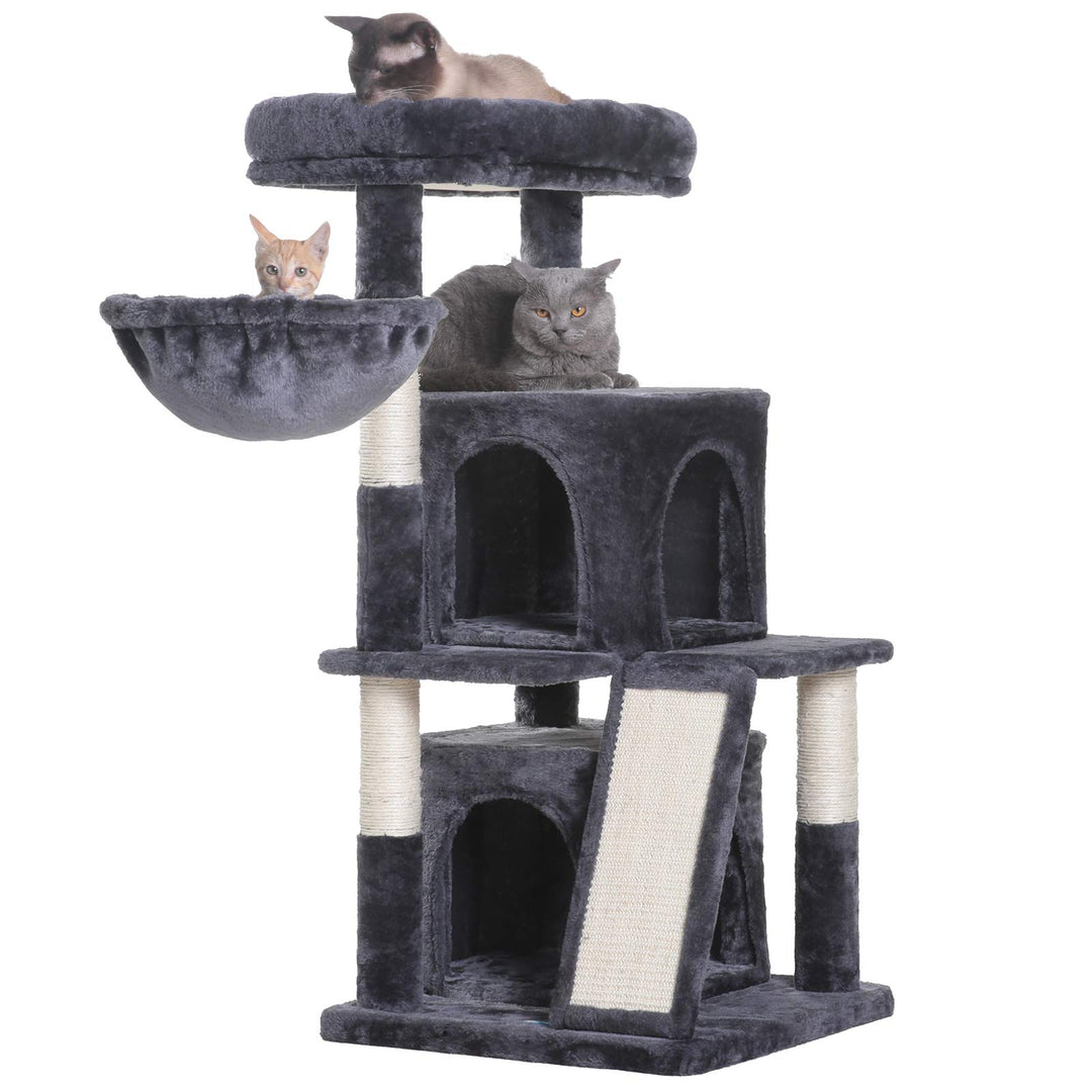 Cat Tree with Scratching Board, 2 Luxury Condos, 41.34 inches Cat Tower with Padded Plush Perch and Cozy Basket, Smoky Gray MPJ004G