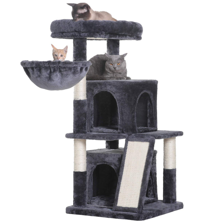 Cat Tree with Scratching Board, 2 Luxury Condos, 41.34 inches Cat Tower with Padded Plush Perch and Cozy Basket, Smoky Gray MPJ004G