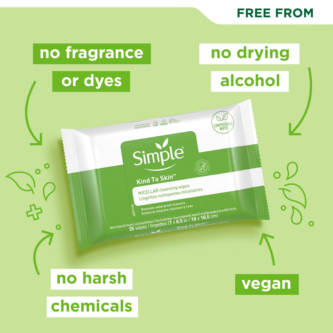 Simple Kind To Skin Facial Care Micellar 25 Piece Wipes, 4 Count
