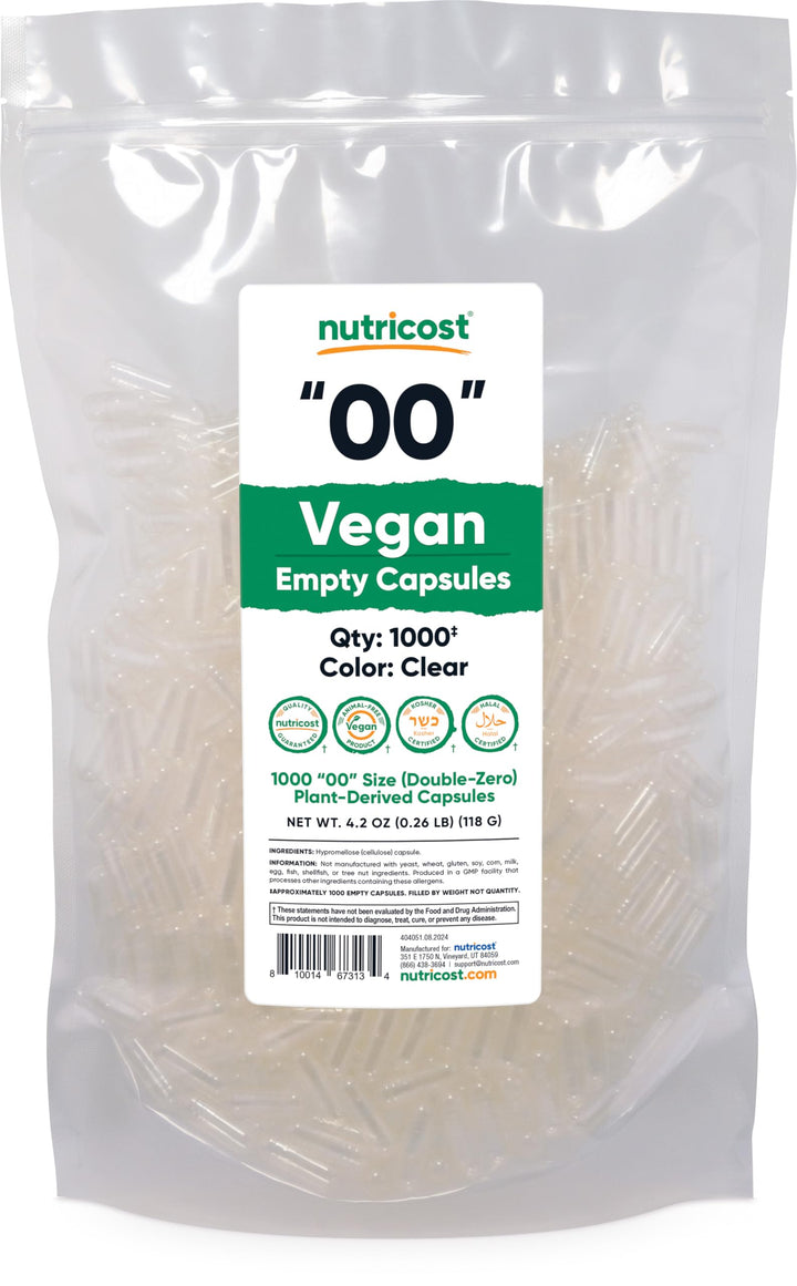 Empty Capsules Size 00 Vegan - 1,000 Clear Empty Plant-Based Capsules - Kosher Certified, Halal Certified, Non-GMO, Soy Free, Gluten Free, Vegetarian