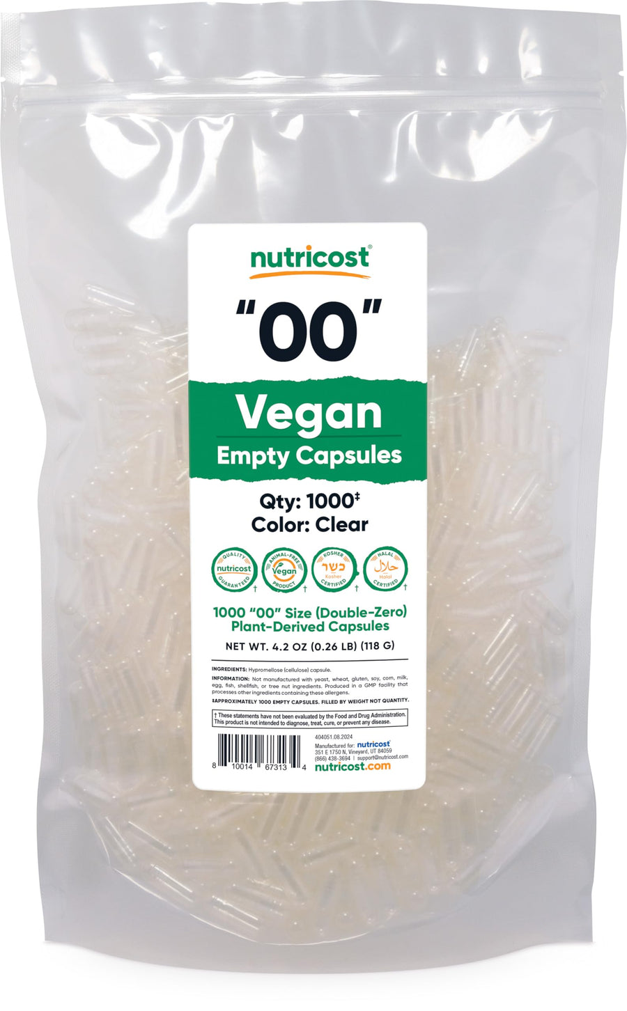 Empty Capsules Size 00 Vegan - 1,000 Clear Empty Plant-Based Capsules - Kosher Certified, Halal Certified, Non-GMO, Soy Free, Gluten Free, Vegetarian