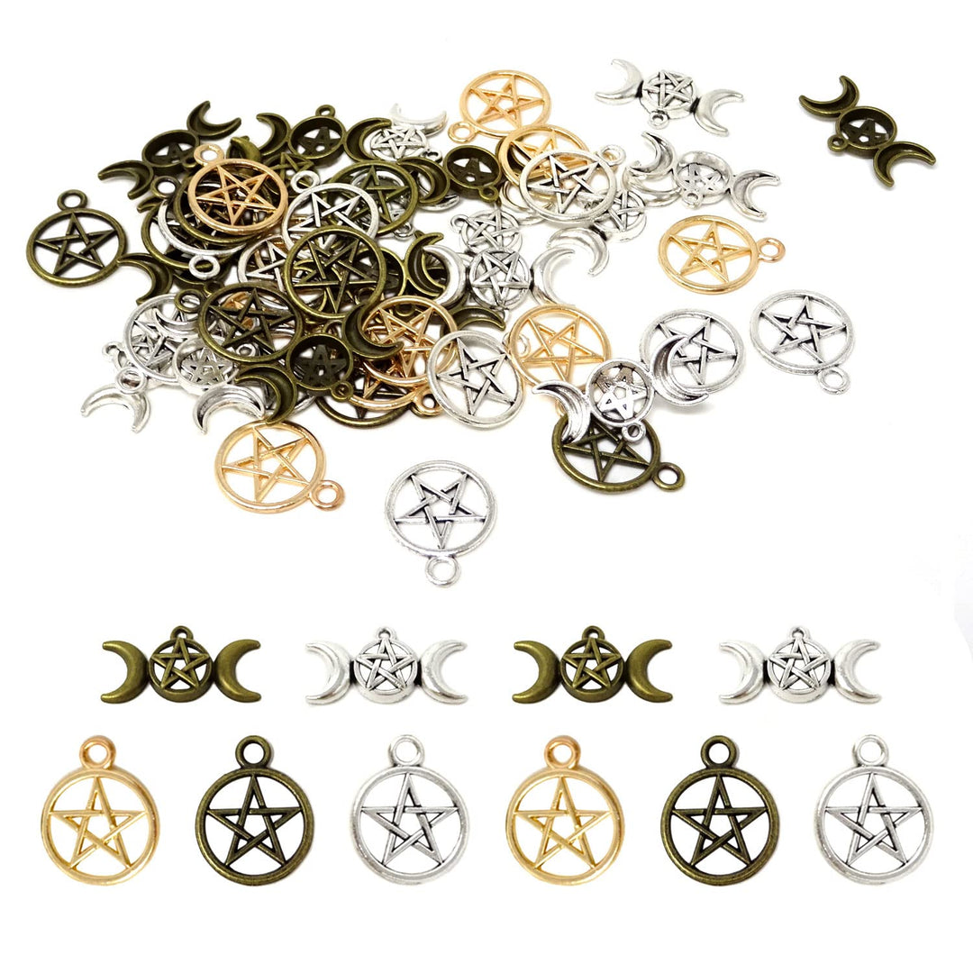 50PCS Alloy Pentagram Crescent Moon Charms Pentacle Star Charms Pendant Lucky Witch Pendants for Earring Necklace Bracelet Jewelry Making and Crafting (2 Style)