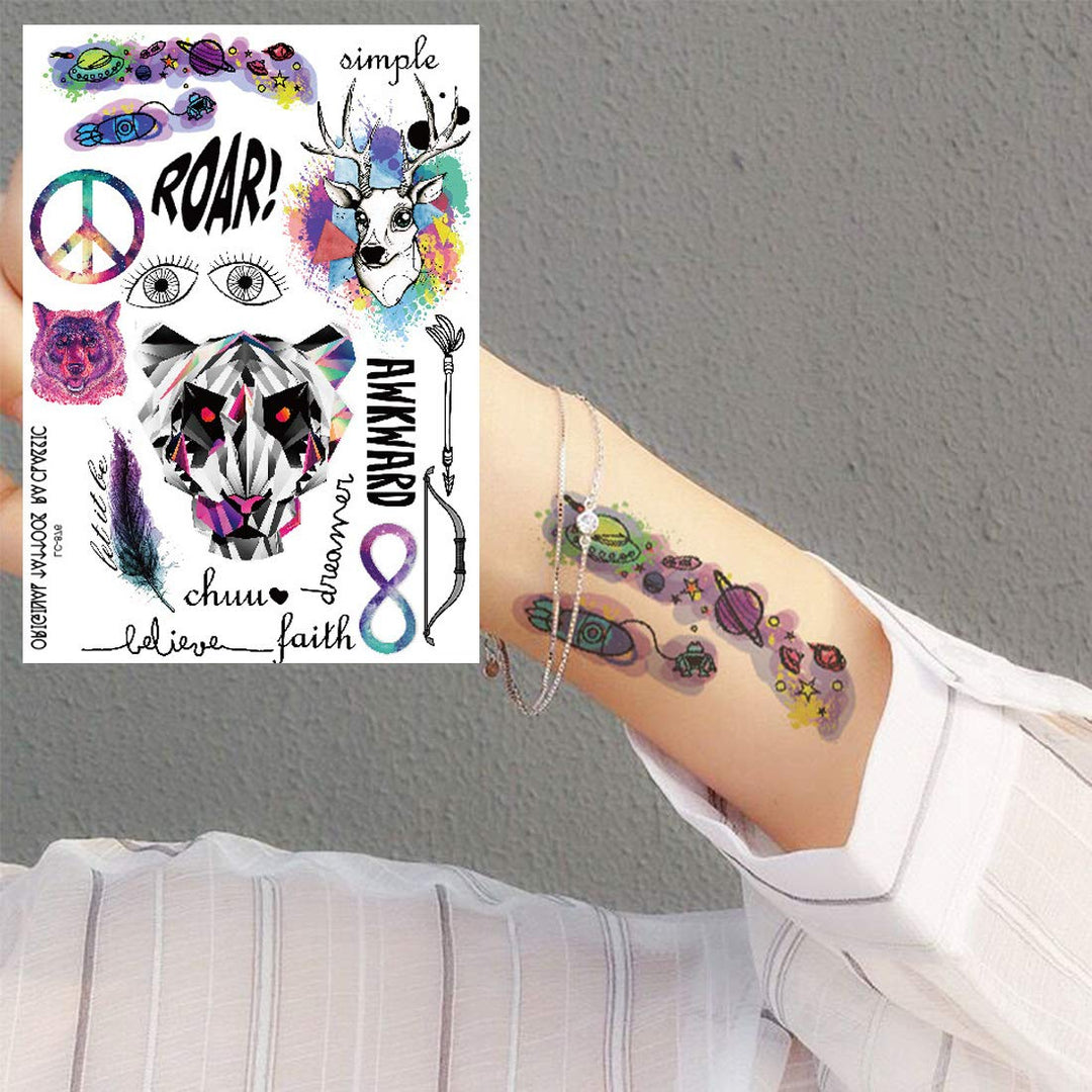 Ooopsi 7 Sheets Cute Small Temporary Tattoos For Kids Men Women - Fashion Colorful Wolf Bird Bear Cartoon Face Tattoo Stickers Boys Girls Child Arm Hands Fake Tatoos