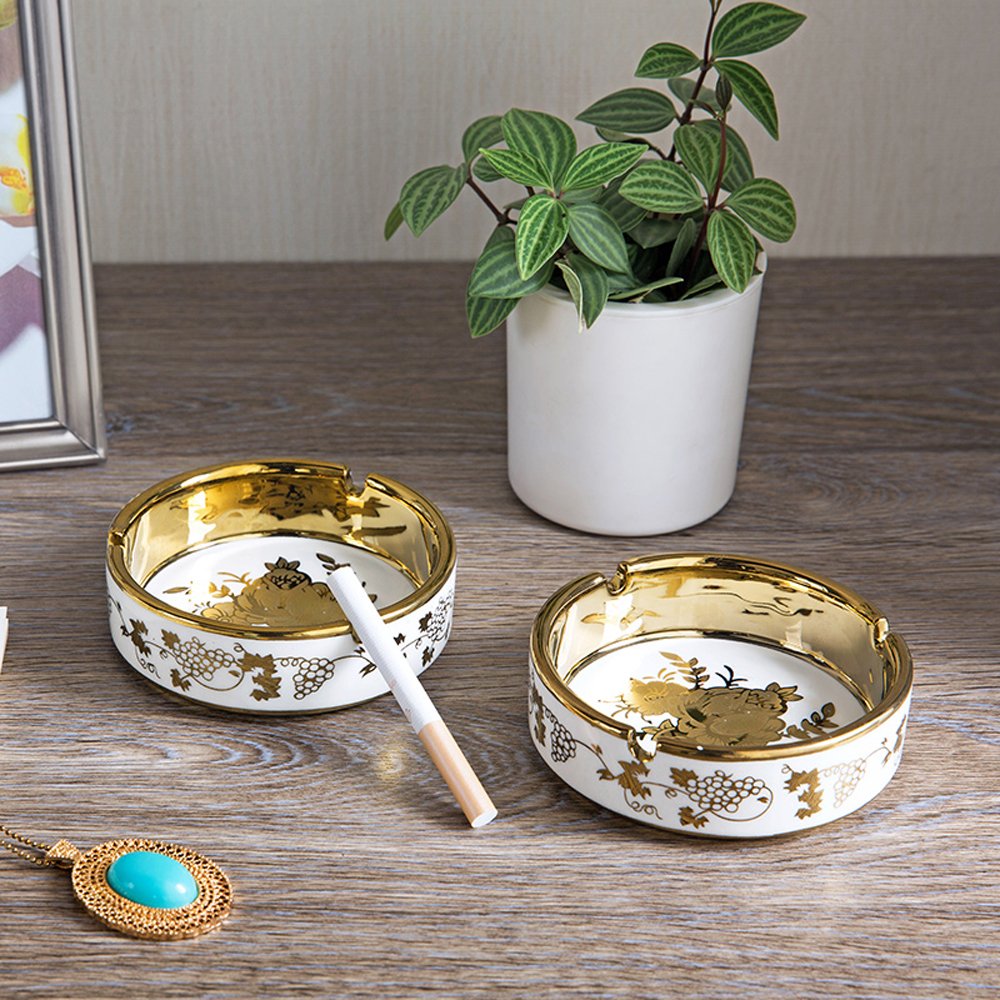 4'' Ceramic Titanium Plating Tabletop Ashtray,Cigarette Ashtray for Indoor or Outdoor Use, Desktop Smoking Ash Tray for Home Office Decoration (4''-1 PACK)