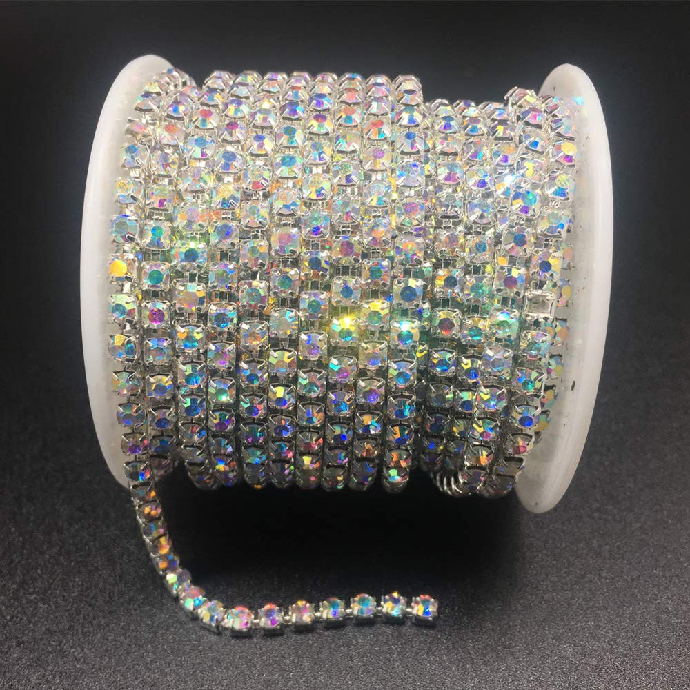 1 Roll 10 Yards Rhinestone Chain, Crystal Rhinestones Close Chain, Sew on Crystal Rhinstone Chain Trim, Crystal Claw Cup Chain Roll (Crystal AB, SS16 4MM)