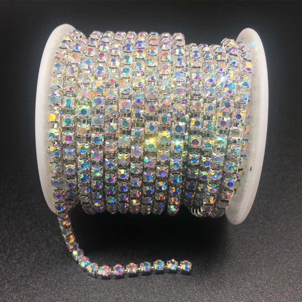 1 Roll 10 Yards Rhinestone Chain, Crystal Rhinestones Close Chain, Sew on Crystal Rhinstone Chain Trim, Crystal Claw Cup Chain Roll (Crystal AB, SS16 4MM)