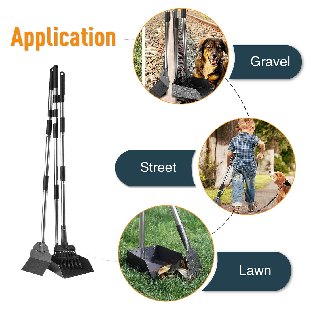 Pooper Scooper, Durable Dog Poop Scoop Long Handle Tray and Rake Set for Large Medium Small Dogs - Easy to Wash