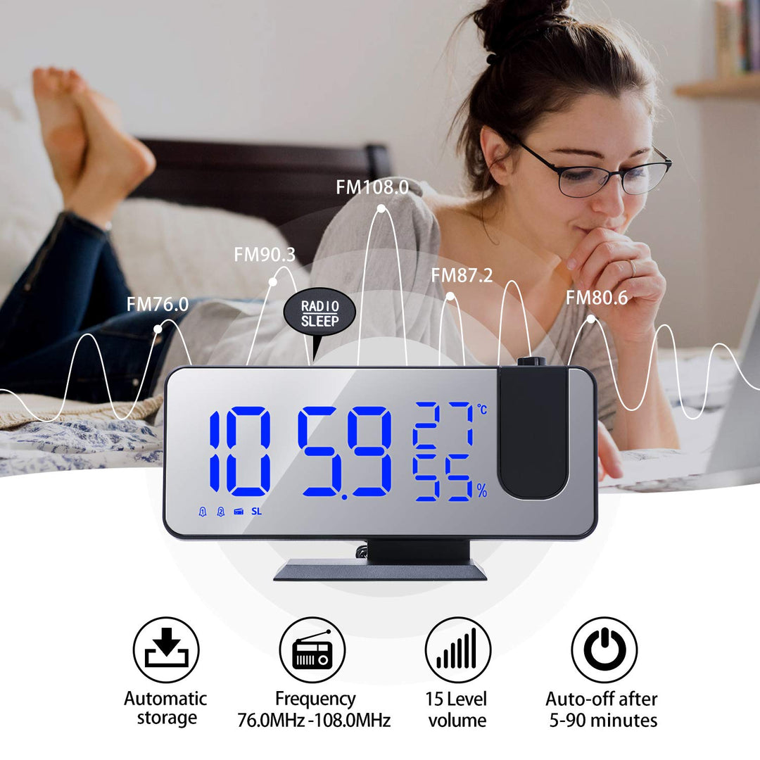 Number-One Projection Digital Alarm Clock for Bedrooms, FM Radio Alarm Clock, 7.5' Dual Alarms with Snooze, USB Charging Port, Temperature & Humidity Display, 180° Rotable, 4 Dimmer, 12/24 Hours