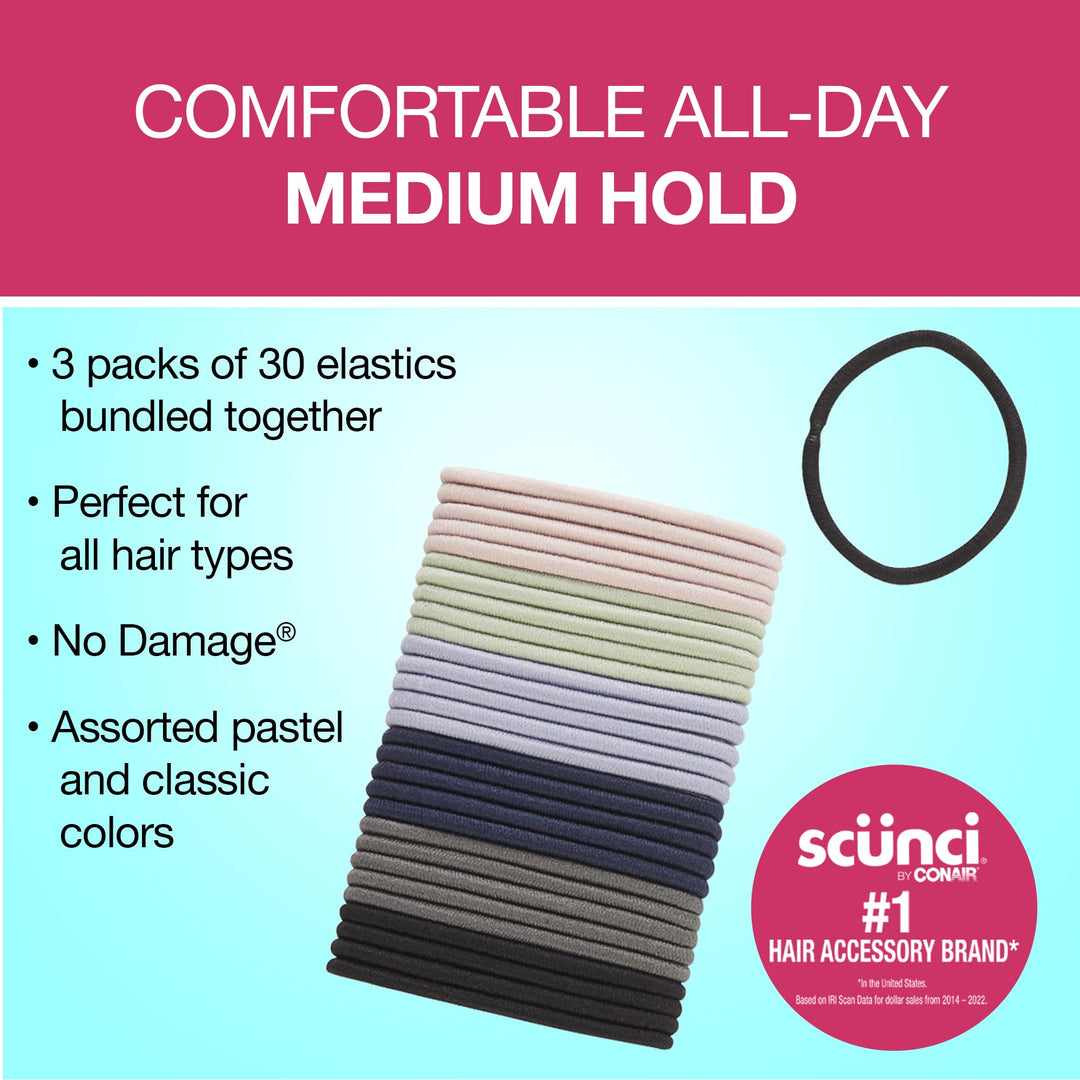 Scünci® No-Damage® Medium-Hold Elastic Stretch Nylon Hairbands in Assorted Pastel, Bright, and Neutral Colors (Colors May Vary), 30 Count (Pack of 3)