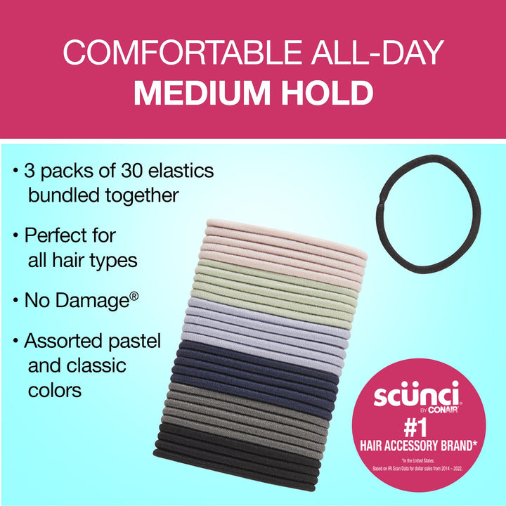 Scünci® No-Damage® Medium-Hold Elastic Stretch Nylon Hairbands in Assorted Pastel, Bright, and Neutral Colors (Colors May Vary), 30 Count (Pack of 3)