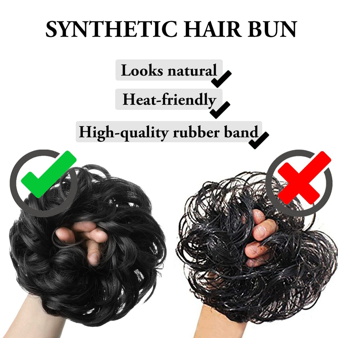 2PCS Messy Hair Bun Hair Pieces Wavy Curly Synthetic Updo Fake Scrunchies Ponytail Extension for Women Jet Black