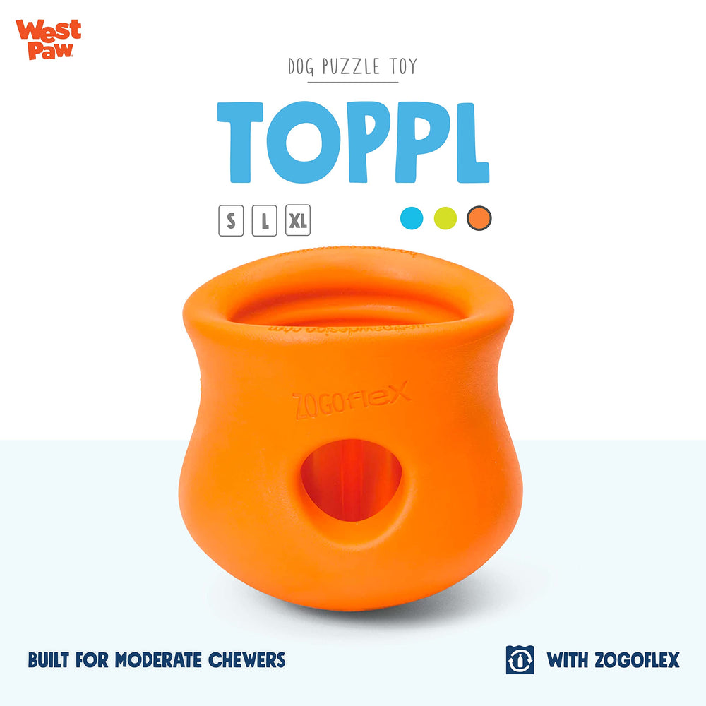 West Paw Zogoflex Toppl Treat Dispensing Dog Toy Puzzle – Interactive Chew Toys for Dogs – Dog Toy for Moderate Chewers, Fetch, Catch – Holds Kibble, Treats, Small 3, Tangerine