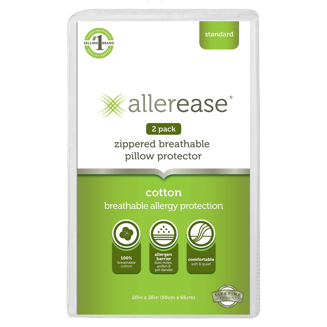 AllerEase 100% Breathable Cotton Pillow Protector for Sleeping, Standard 26 x 20 - 2 Pack