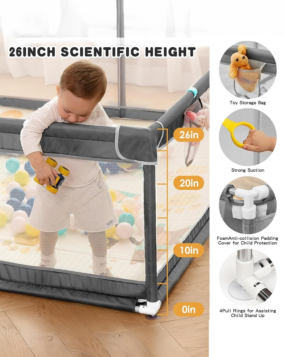 Baby Playpen,71x59 Extra Large Baby Playard, Playpen for Babies with Gate, 0-6 to 12 Months Baby Activity Center, Sturdy Safety Playpen with Soft Mesh,Playpen for Toddlers(Gray)