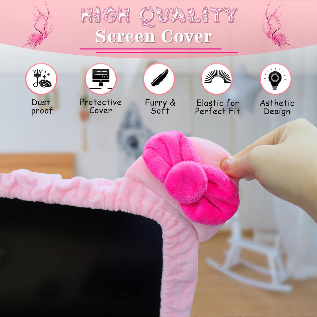 23'' - 34'' Computer Monitor Protective Cover with Cat Ear Design, Cute Monitor Dust Cover with Furry Design, Elastic Dustproof, Suitable for PC, Tablet, TV