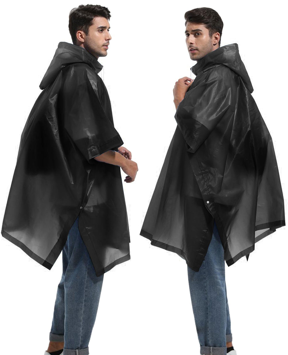 Unisex Reusable Rain Ponchos 2 Packs for Adults Waterproof - Emergency Rain Coat for Theme Park, Hiking, Camping or Traveling,Black