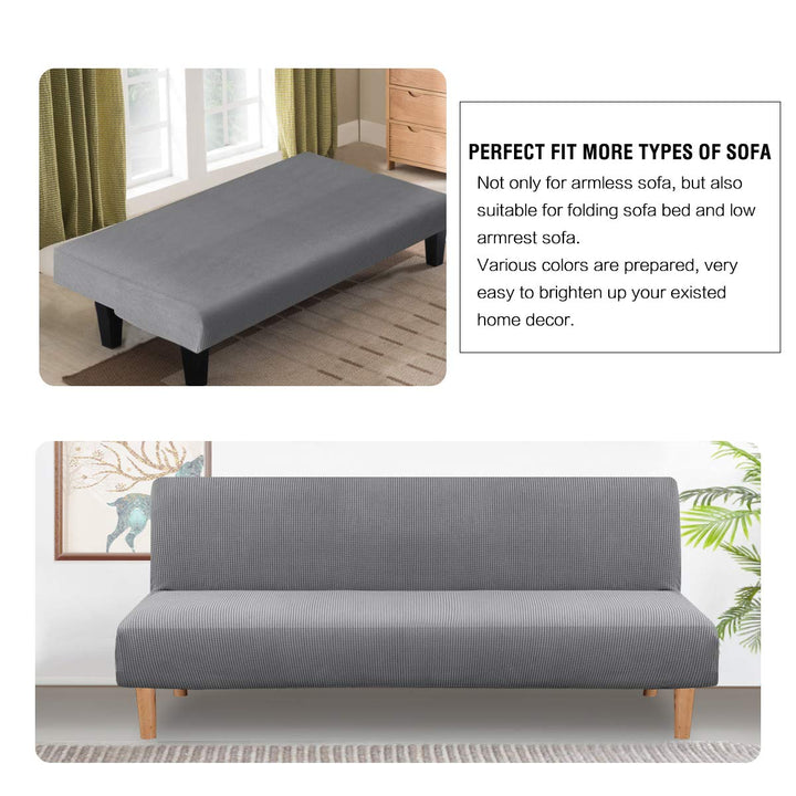 Armless Futon Cover Stretch Sofa Bed Slipcover Protector Elastic Feature Rich Textured High Spandex Small Checks Jacquard Fabric Futon Cover, Machine Washable, Dove
