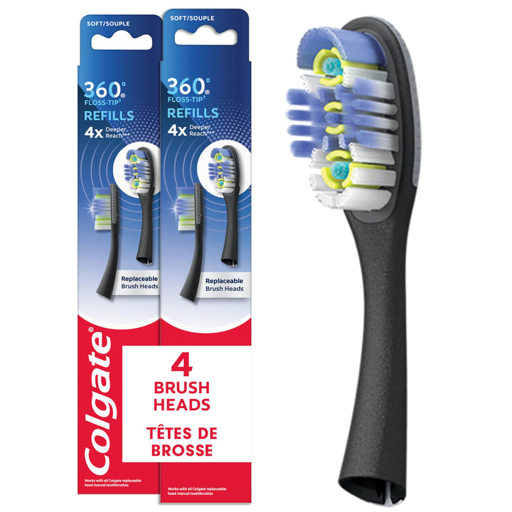360 Floss-Tip Replaceable Toothbrush Head Refills, Deep Clean, 4 Pack