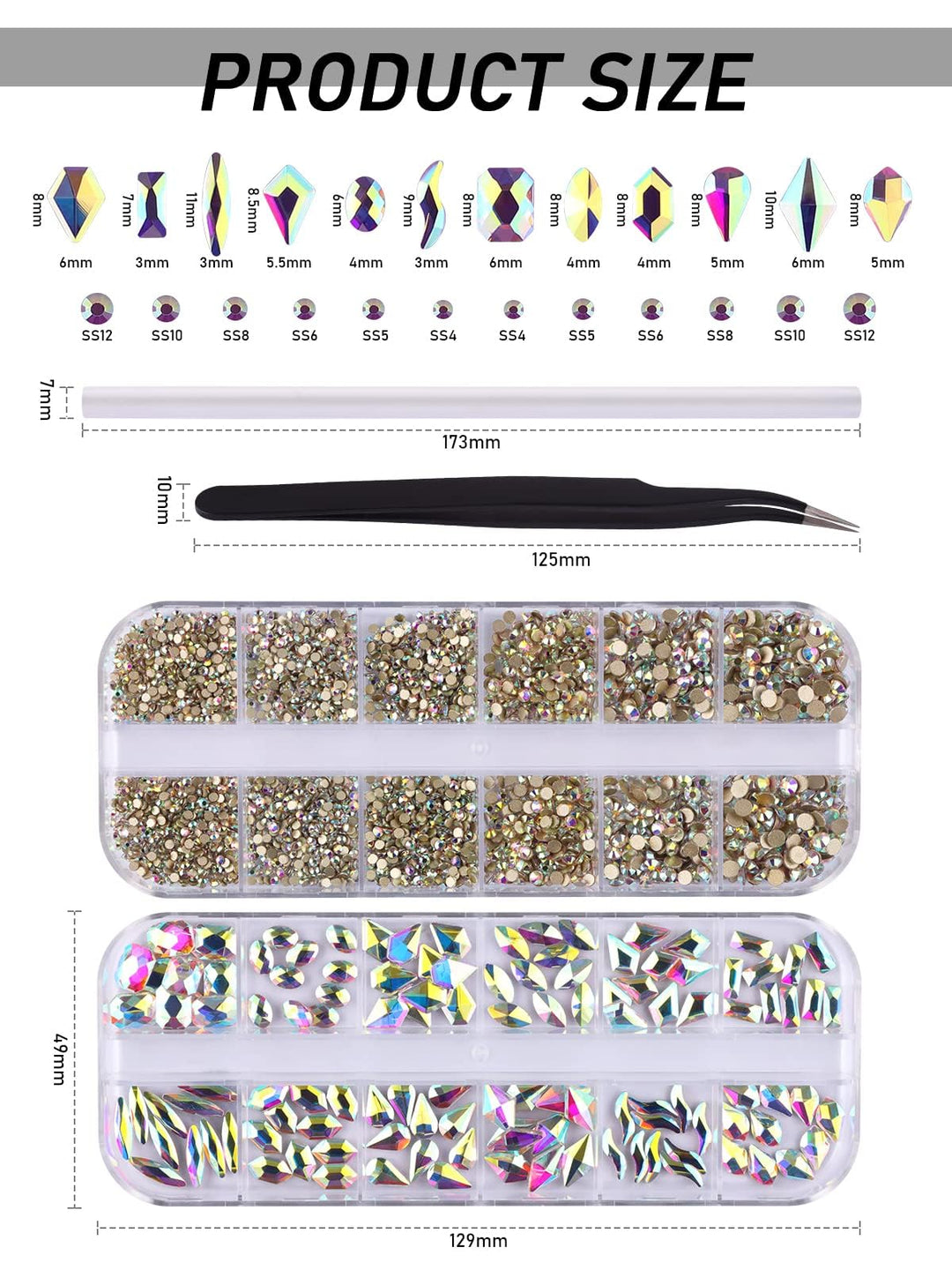3120Pcs AB Nail Art Rhinestone Kit Shiny Nail Stones Gems Flatback Nail Crystal Beads Jewel for Nail DIY Craft with Tweezers and Rhinestone Picker Dotting Pen