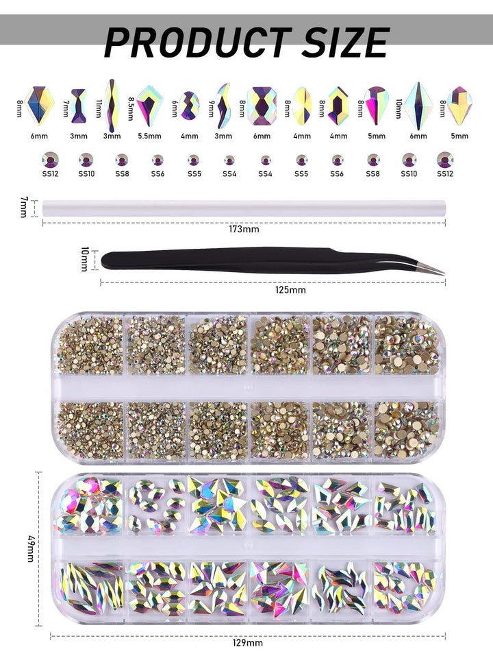 3120Pcs AB Nail Art Rhinestone Kit Shiny Nail Stones Gems Flatback Nail Crystal Beads Jewel for Nail DIY Craft with Tweezers and Rhinestone Picker Dotting Pen