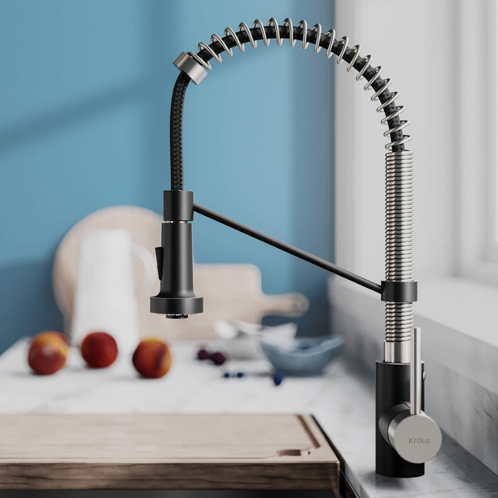 KRAUS Bolden Commercial Style 2-Function Single Handle Pull Down Kitchen Faucet in Stainless Steel/Matte Black, KPF-1610SSMB