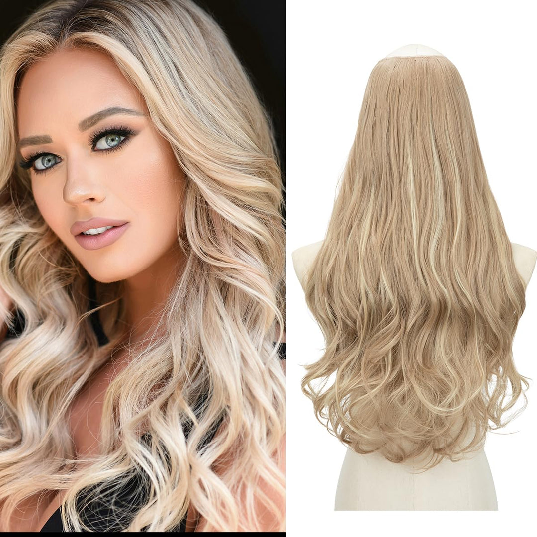U Part Hair Extensions Dirty Blonde Full Head Clip in Synthetic Wave Curly Hairpiece Long 24 Inch for Women