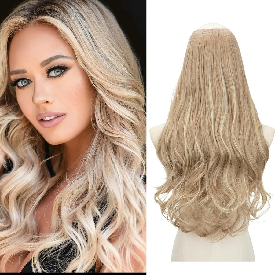 U Part Hair Extensions Dirty Blonde Full Head Clip in Synthetic Wave Curly Hairpiece Long 24 Inch for Women