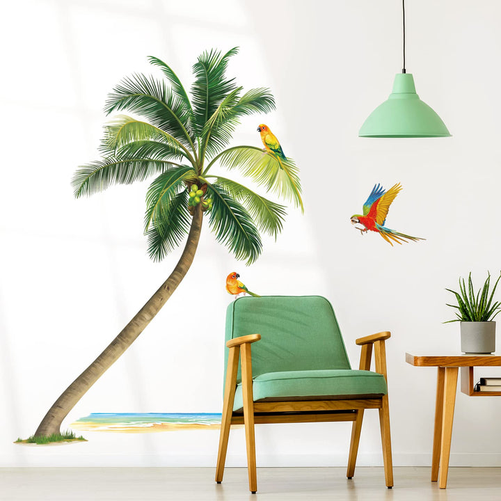 Palm Tree Wall Stickers Tropical Plants Birds Peel and Stick Wall Art Decals for Living Room Bedroom TV Wall (H:46 Inches)
