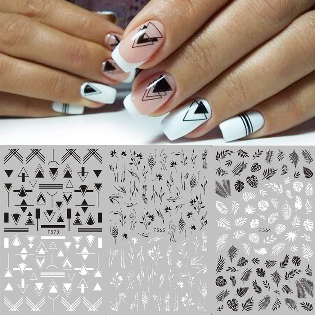 , 10 Sheets Black White Leaf Flower Line Nail Stickers Decals,3D Self-adhesive Retro Leaves Flowers Vine Geometry Line Nail Design For Acrylic Nails,DIY Nail Supplies Nail Decoration