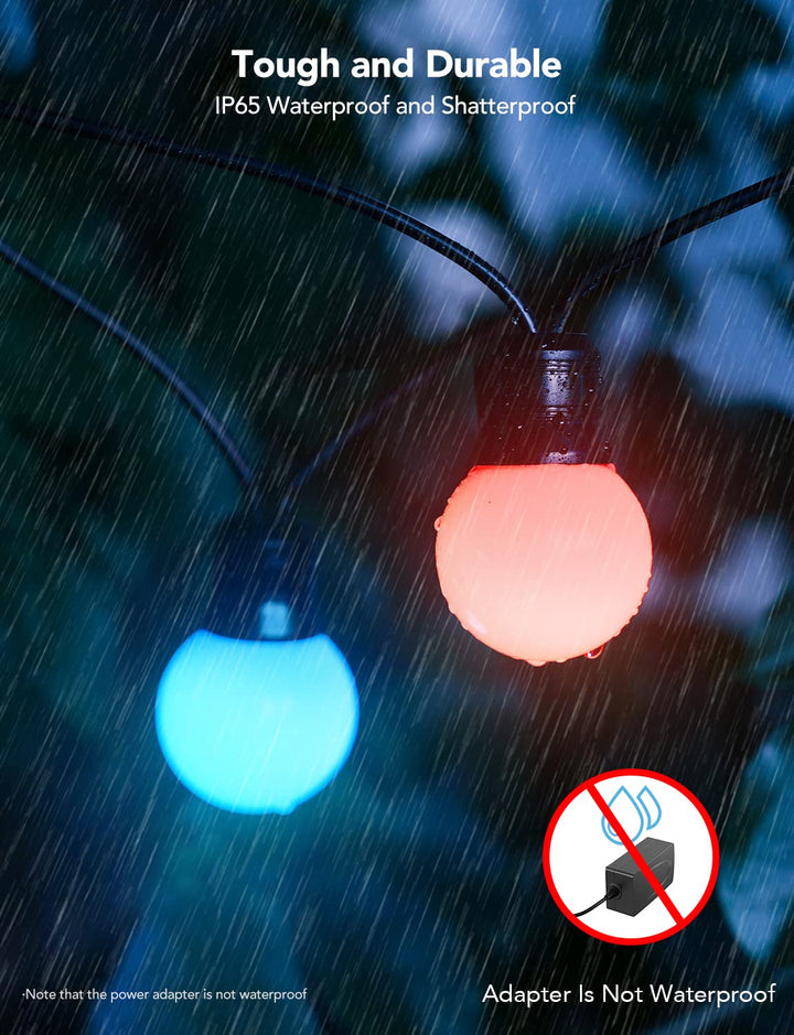 Outdoor String Lights, 50ft G40 RGBIC Warm White String Lights with 25 Dimmable LED Bulbs, IP65 Waterproof Outdoor Lights with App Control for Balcony, Garden, Patio, Party