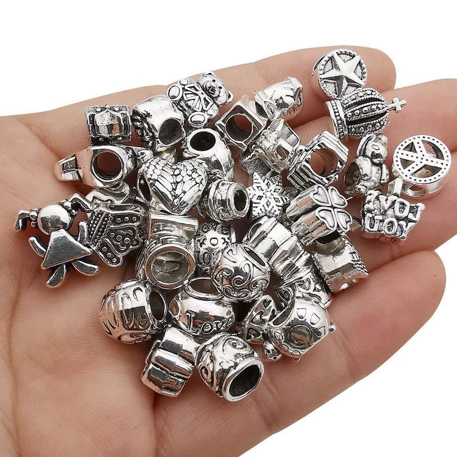 55pcs Assorted Alloy European Large Hole Beads Metal Spacer Charms Bead Assortments for DIY Crafts Bracelets Necklaces Jewelry Making (M190)