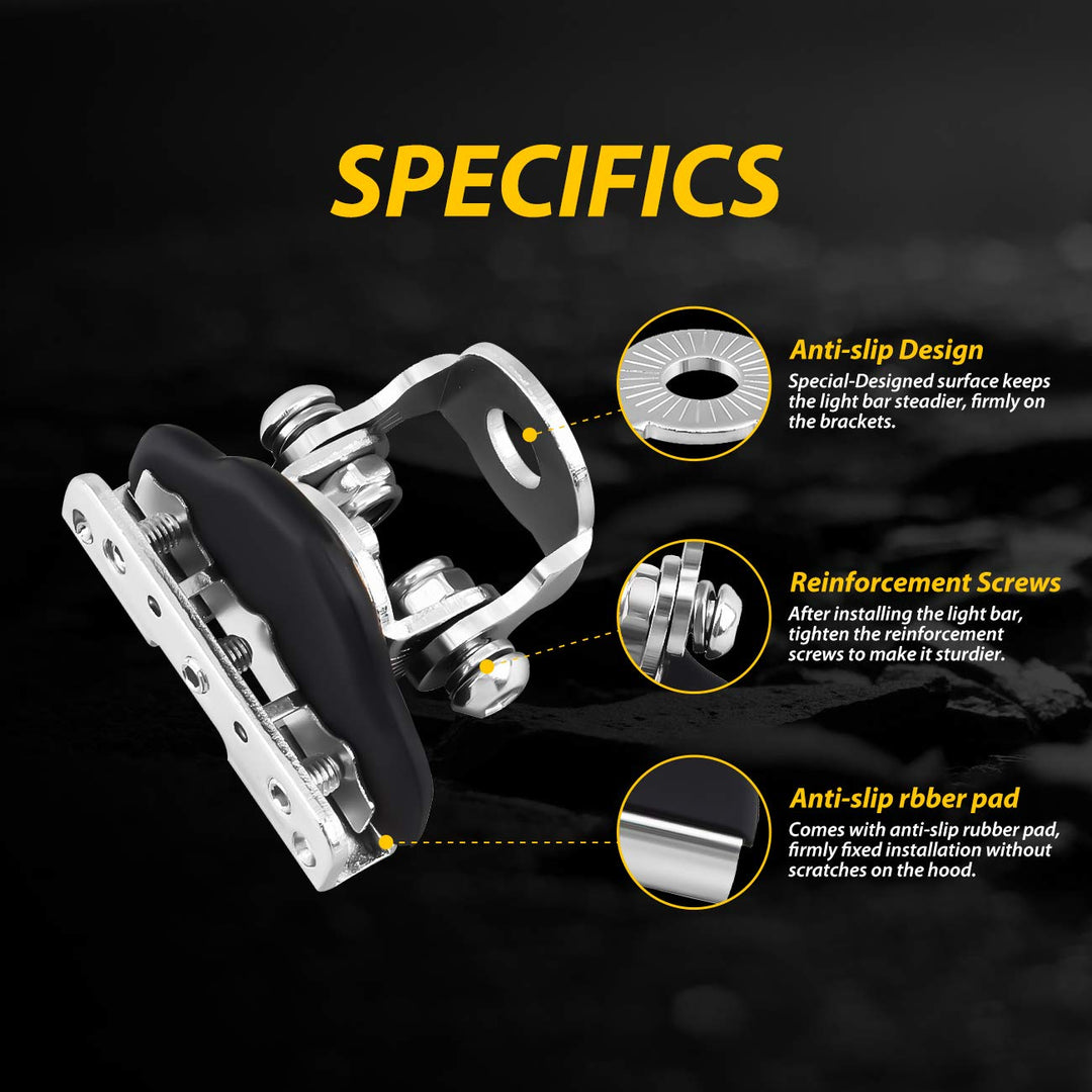 Universal LED Light Bar Mounting Brackets, Hood Mount Light Brackets A Pillar Hood Clamp Work Light Holder 304 Stainless Steel for Off Road Car Jeep Truck SUV 4x4 2PCS
