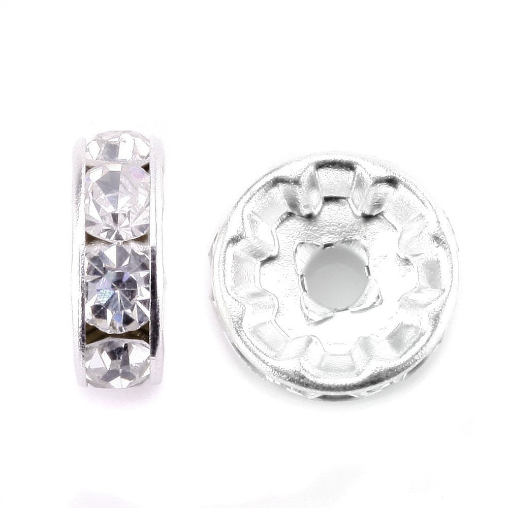 100Pcs Rondelle Spacer Beads 8mm Silver Plated Czech Crystal Rhinestone for Jewelry Making Loose Beads for Bracelets