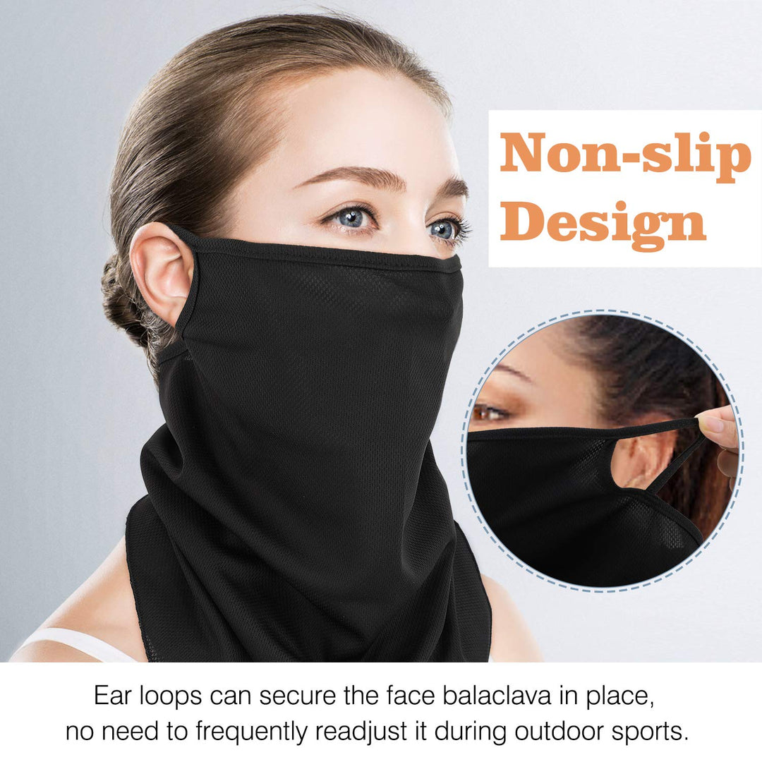 Scarf Mask Bandana with Ear Loops 3 Pack, Neck Gaiter Balaclava UV Sun Protection Face Mask for Dust Wind Outdoors Motorcycle Cycle Bandana Headband for Women Men, Black & Indigo & Wine Red