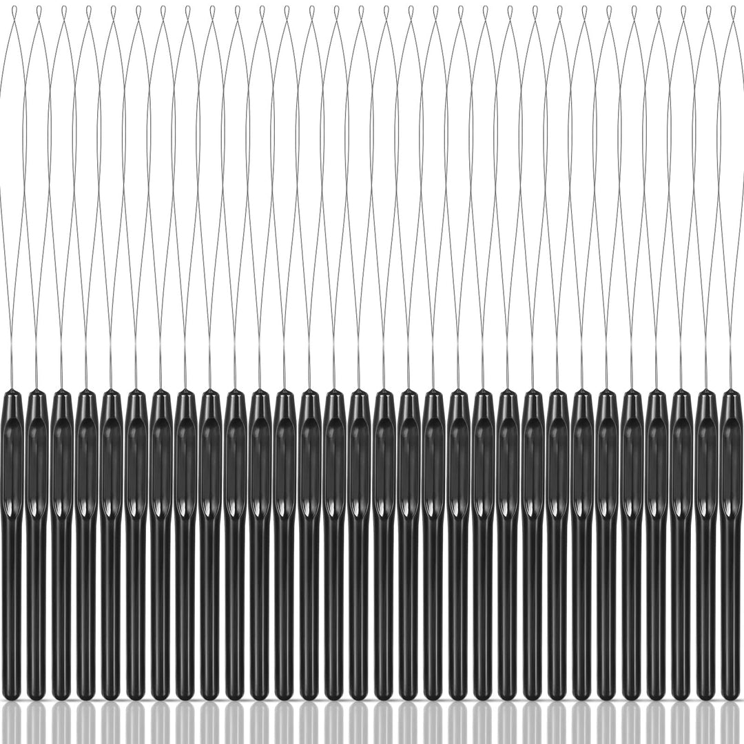 30 Pieces Hair Extension Loop Needle Threader Wire Pulling Hook Tool and Bead Device Tool Plastic Hair Extension Loop Needle for Hair or Feather Extensions Supplies, DIY Hook Tool Loop Tools, Black