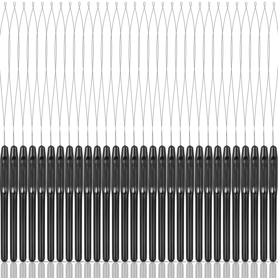 30 Pieces Hair Extension Loop Needle Threader Wire Pulling Hook Tool and Bead Device Tool Plastic Hair Extension Loop Needle for Hair or Feather Extensions Supplies, DIY Hook Tool Loop Tools, Black