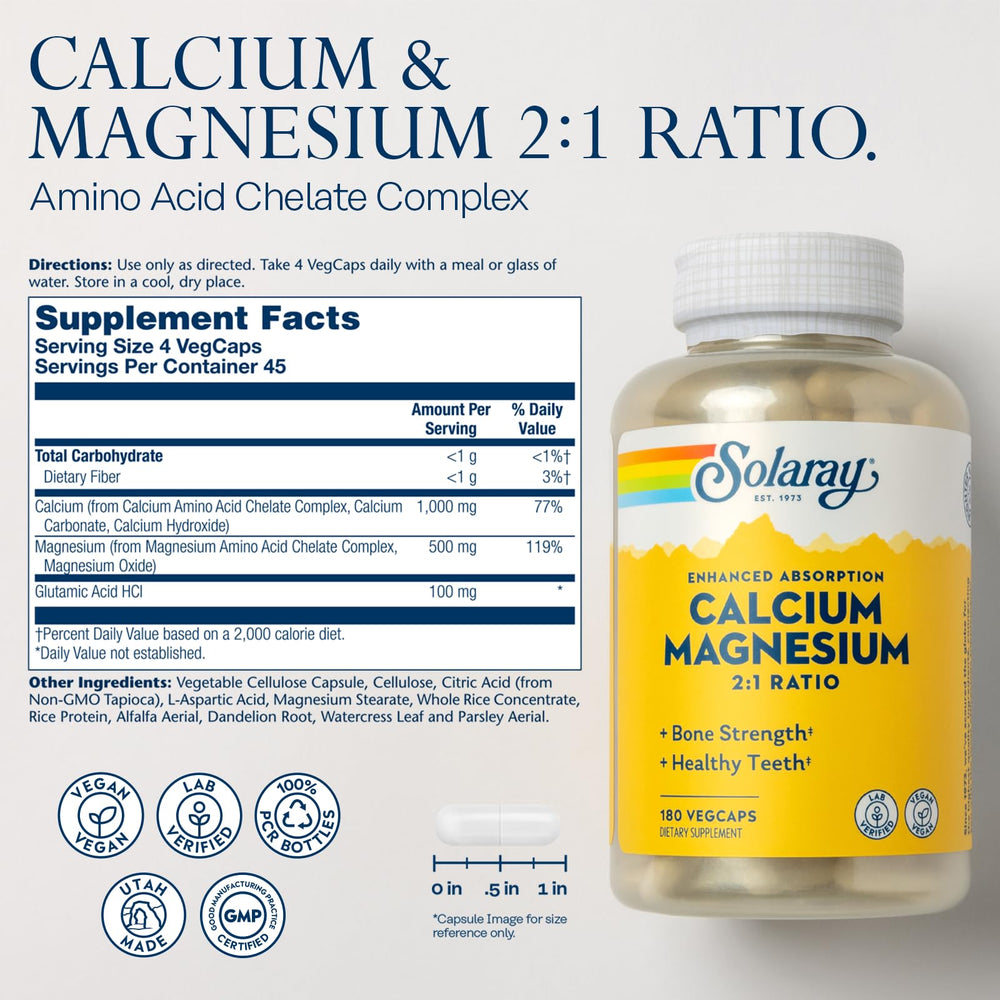 Calcium Magnesium Supplement, Magnesium & Calcium Supplements for Women and Men, 2:1 Ratio, Bone Health & Strength, Vegan, High Absorption, 60-Day Guarantee, 45 Servings, 180 VegCaps