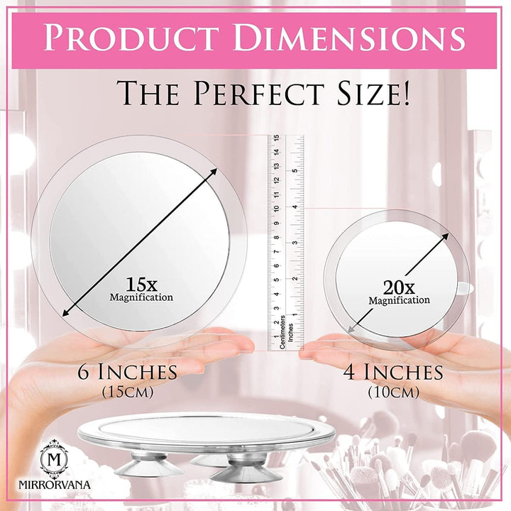 20X & 15X Magnifying Mirror Set with 3 Suction Cups Each - Compact & Travel Ready Mirror for Makeup - Sizes: 6 and 4 Wide