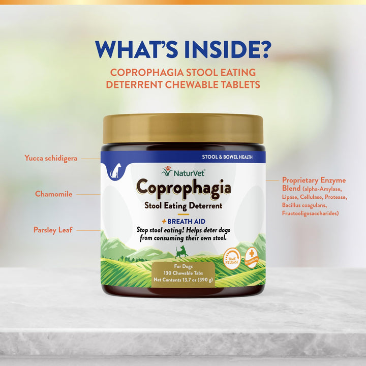 – Coprophagia Stool Eating Deterrent Plus Breath Aid – Deters Dogs from Consuming Stool – Enhanced with Breath Freshener, Enzymes & Probiotics – 130 Chewable Tablets