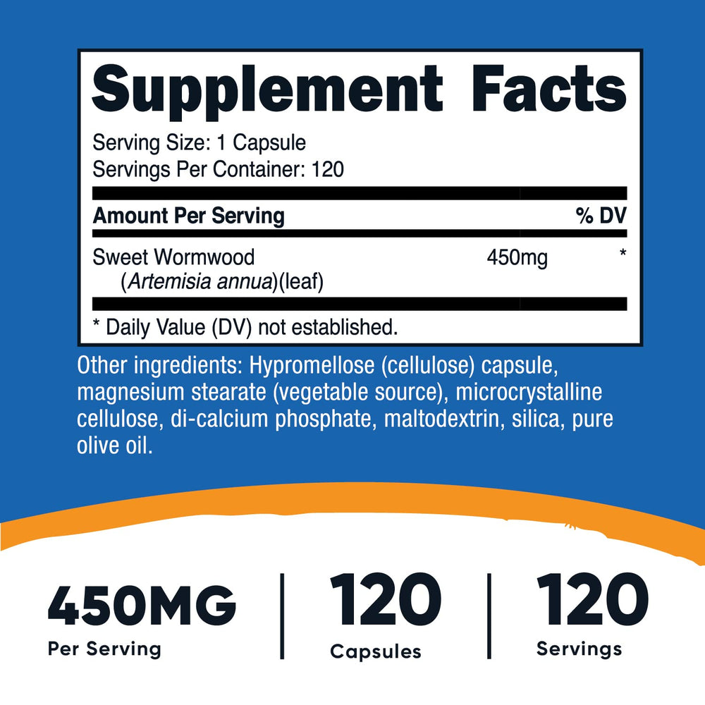 Wormwood Capsules 450mg 120 Capsules - Vegetarian Caps, Gluten Free and Non-GMO
