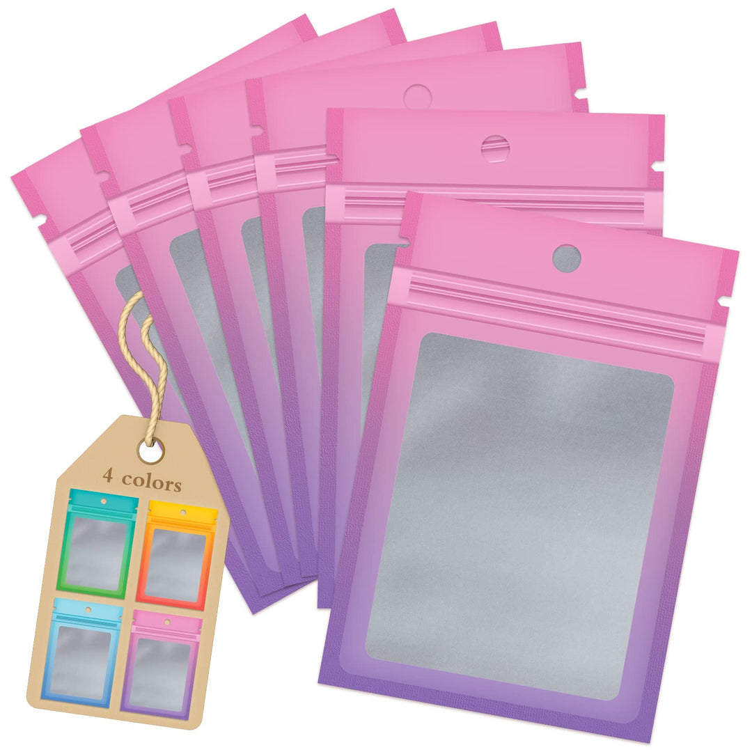 Funfery 100 Pieces Resealable Smell Proof Bags for Food Storage,Clear Cute Mylar Bags for Small Business Foil Pouch Ziplock Packaging Bags for Sample Jewelry Eyelash Gloss(Pink Purple, 4×6in)