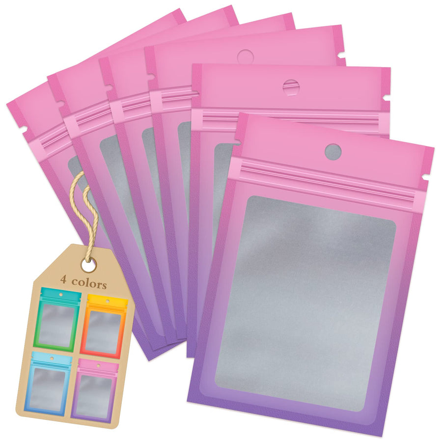 Funfery 100 Pieces Resealable Smell Proof Bags for Food Storage,Clear Cute Mylar Bags for Small Business Foil Pouch Ziplock Packaging Bags for Sample Jewelry Eyelash Gloss(Pink Purple, 4×6in)